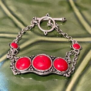 Lucky Brand Coral Genuine Cabochon Bracelet Silver Tone Toggle Boho Southwest